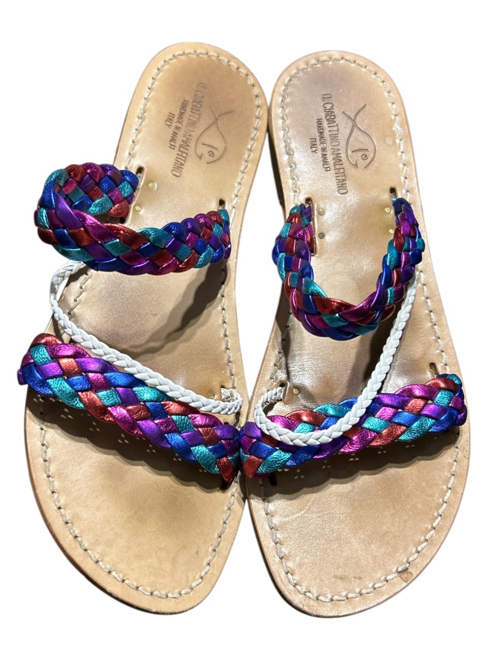 IL CIABATTINO AMALFITAND Braided Multicolor Leather Slide Sandals - Women Sz 42
